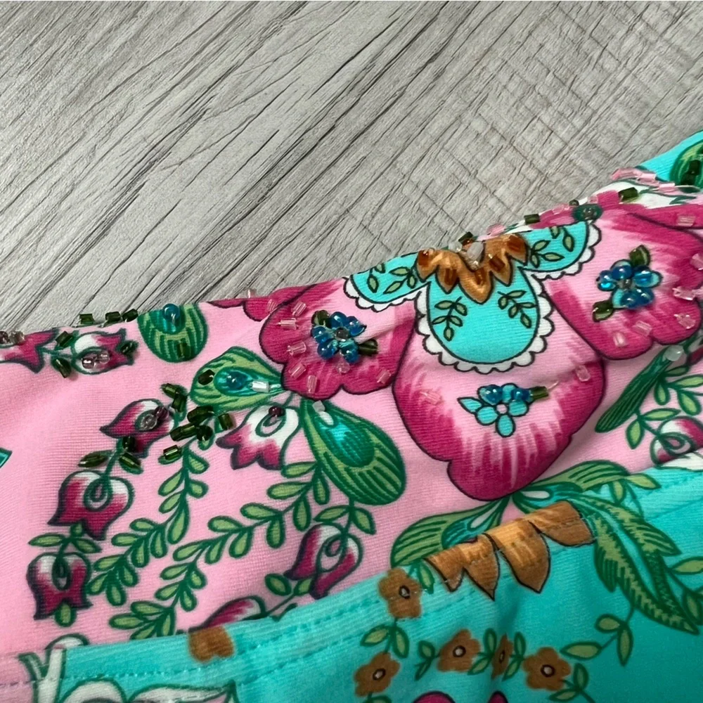 CIA.MARÍTIMA BRASIL Beaded Side Tie Floral Pink Turquoise Bikini Bottom Medium